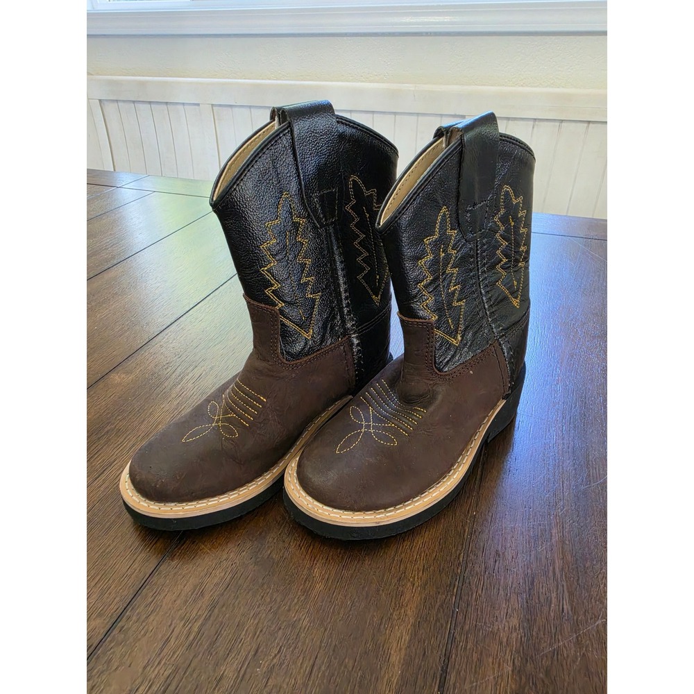 Old West Kids Leather Cowboy Boots Brown Black Toddler 6